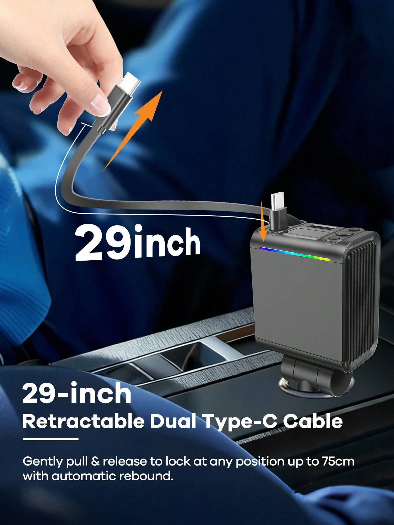 REMAX Bluetooth Car Charger With RGB Lights & 29" Retractable Cable; PD 30W Fast Charging; BT 5.3 For Hands-Free Call/Music; Auto Reconnect; Type-C Charger Compatible With Apple/Android; Car Accessori