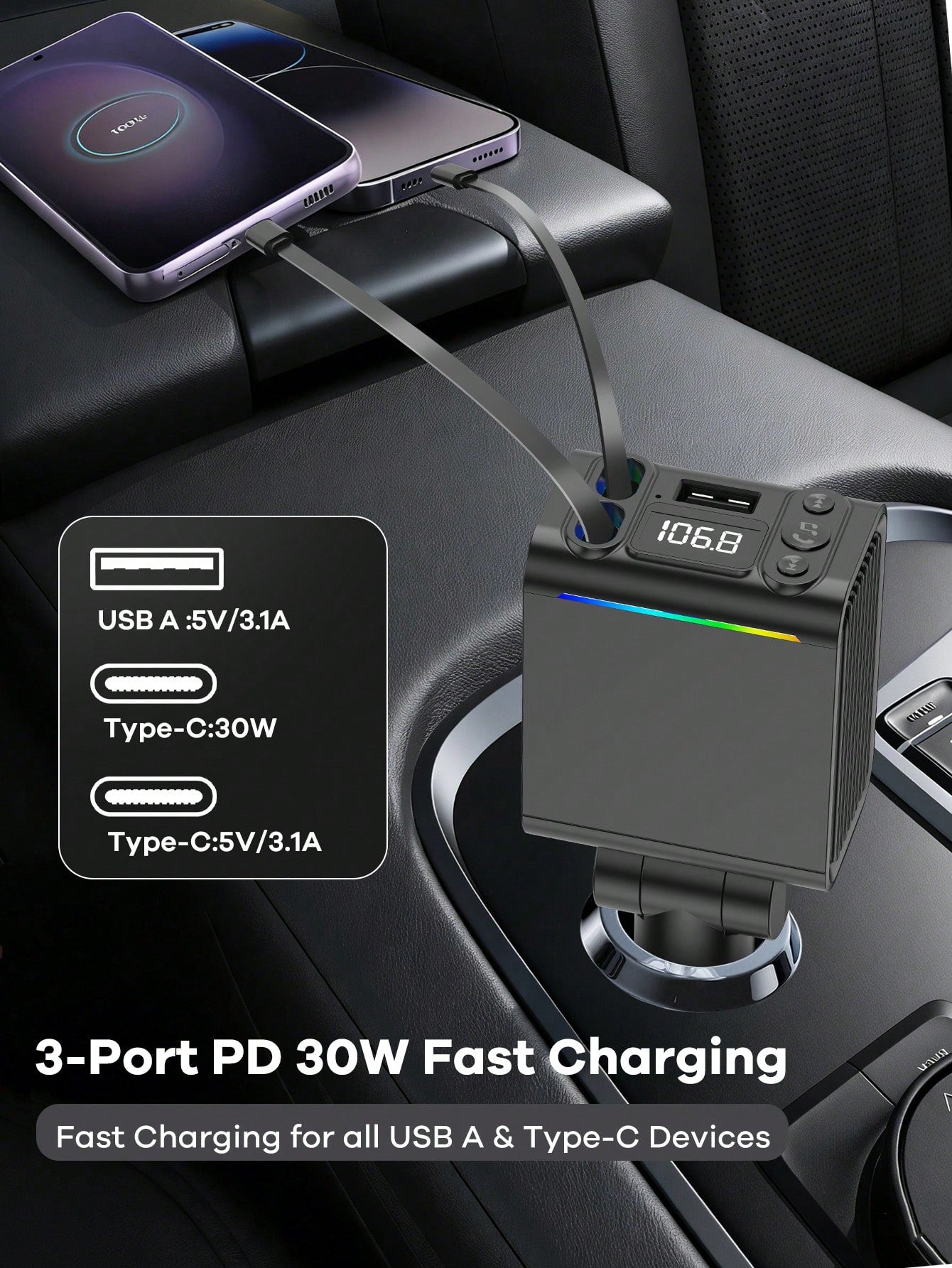 REMAX Bluetooth Car Charger With RGB Lights & 29" Retractable Cable; PD 30W Fast Charging; BT 5.3 For Hands-Free Call/Music; Auto Reconnect; Type-C Charger Compatible With Apple/Android; Car Accessori