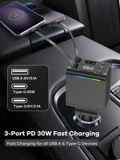 REMAX Bluetooth Car Charger With RGB Lights & 29" Retractable Cable; PD 30W Fast Charging; BT 5.3 For Hands-Free Call/Music; Auto Reconnect; Type-C Charger Compatible With Apple/Android; Car Accessori