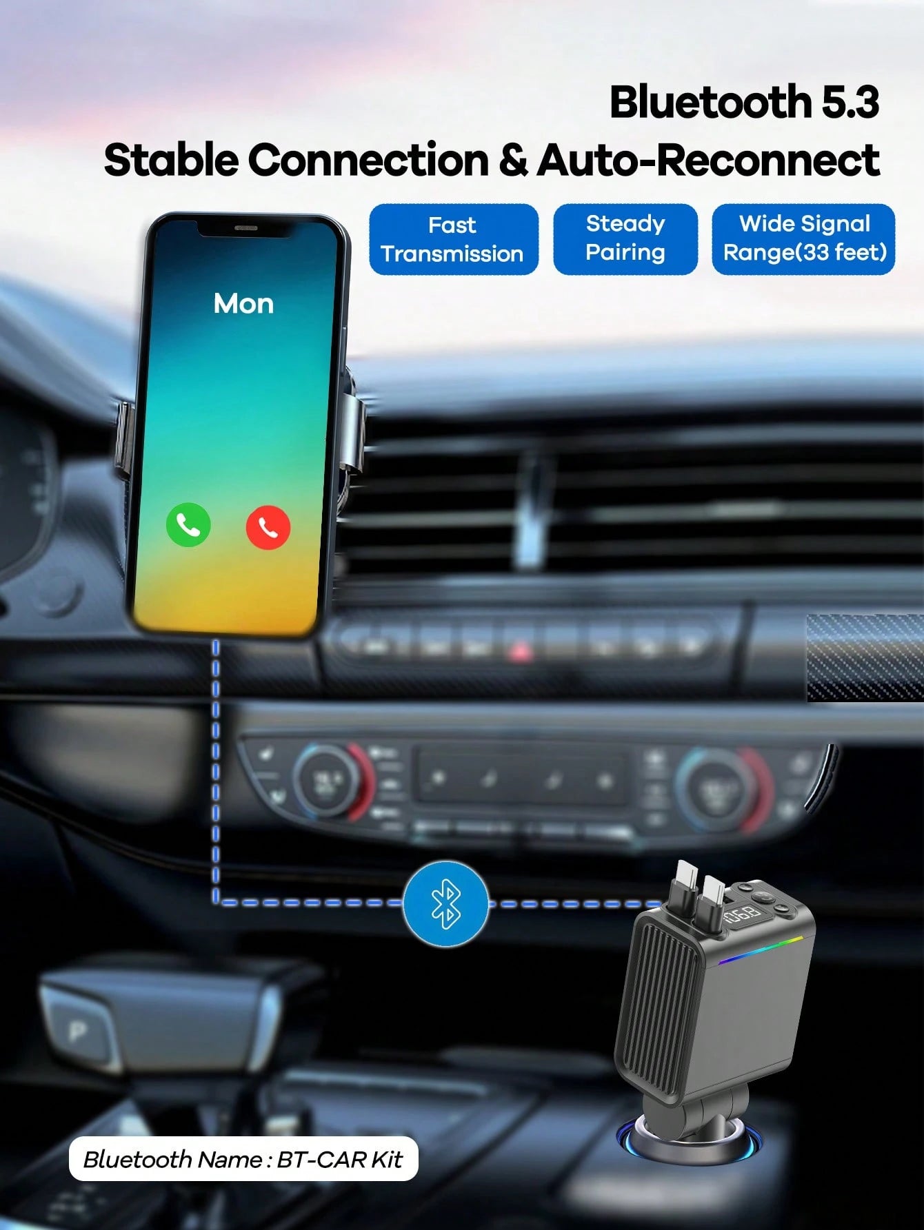 REMAX Bluetooth Car Charger With RGB Lights & 29" Retractable Cable; PD 30W Fast Charging; BT 5.3 For Hands-Free Call/Music; Auto Reconnect; Type-C Charger Compatible With Apple/Android; Car Accessori