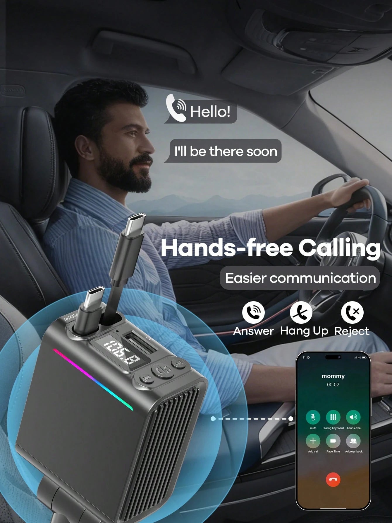 REMAX Bluetooth Car Charger With RGB Lights & 29" Retractable Cable; PD 30W Fast Charging; BT 5.3 For Hands-Free Call/Music; Auto Reconnect; Type-C Charger Compatible With Apple/Android; Car Accessori