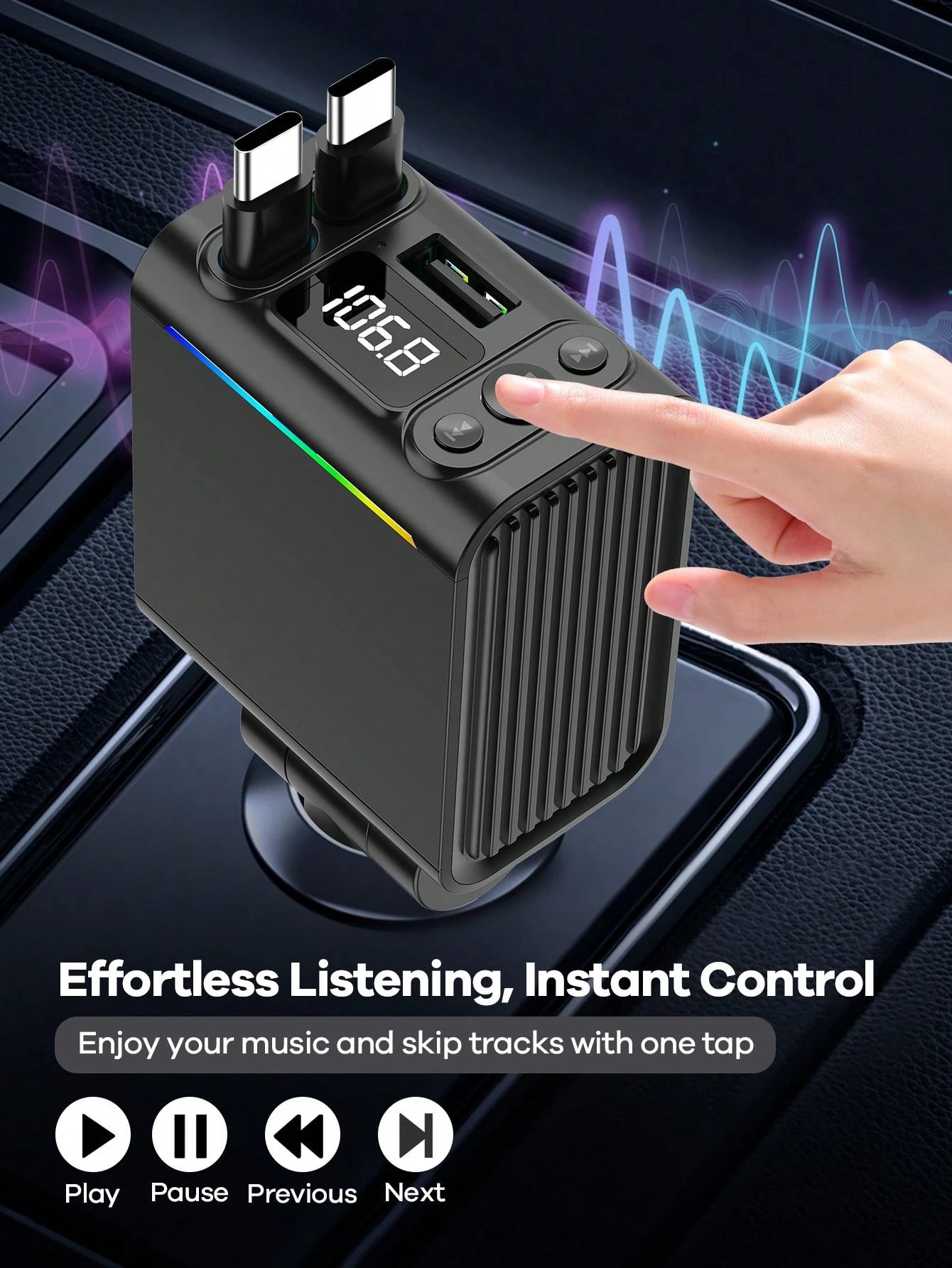 REMAX Bluetooth Car Charger With RGB Lights & 29" Retractable Cable; PD 30W Fast Charging; BT 5.3 For Hands-Free Call/Music; Auto Reconnect; Type-C Charger Compatible With Apple/Android; Car Accessori