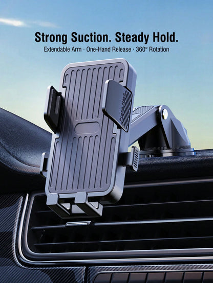 REMAX Strong Suction Car Phone Mount With Washable 3-Layer Gel Suction Cup, Anti-Shake Dashboard & Windshield Mount, Extendable Arm, One-Hand Release, 360° Rotation, Fits 4.0–7.2 Inch Phones & Thick C