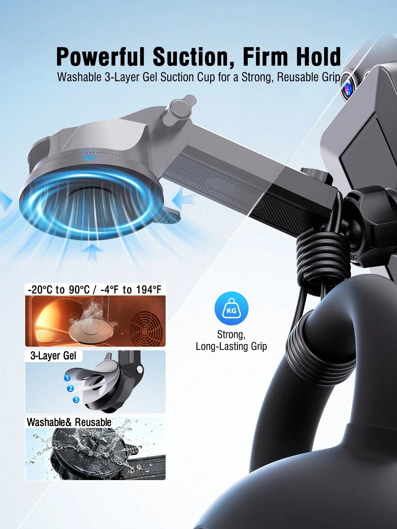 REMAX Strong Suction Car Phone Mount With Washable 3-Layer Gel Suction Cup, Anti-Shake Dashboard & Windshield Mount, Extendable Arm, One-Hand Release, 360° Rotation, Fits 4.0–7.2 Inch Phones & Thick C