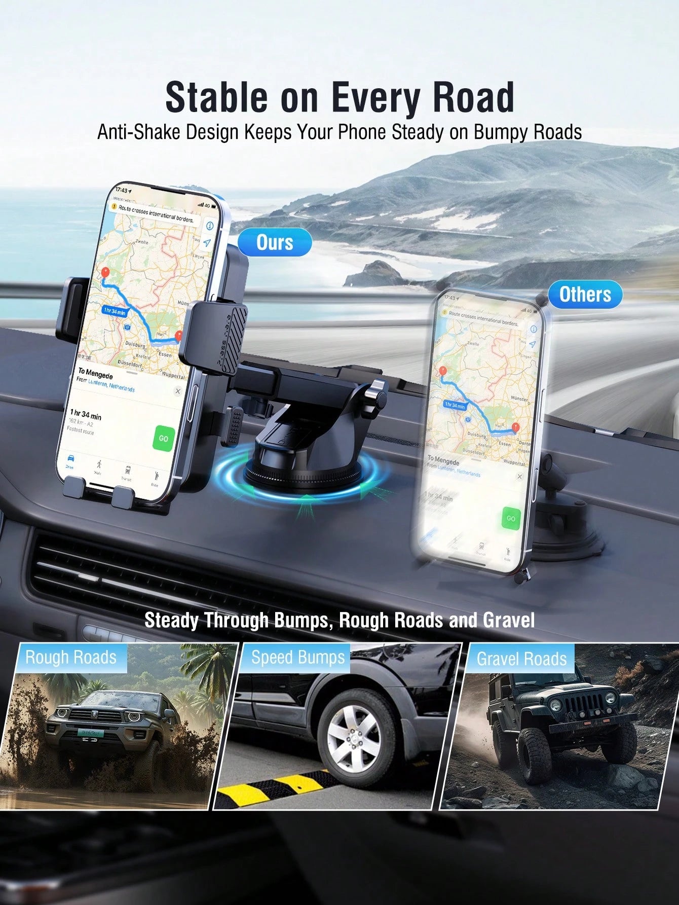 REMAX Strong Suction Car Phone Mount With Washable 3-Layer Gel Suction Cup, Anti-Shake Dashboard & Windshield Mount, Extendable Arm, One-Hand Release, 360° Rotation, Fits 4.0–7.2 Inch Phones & Thick C