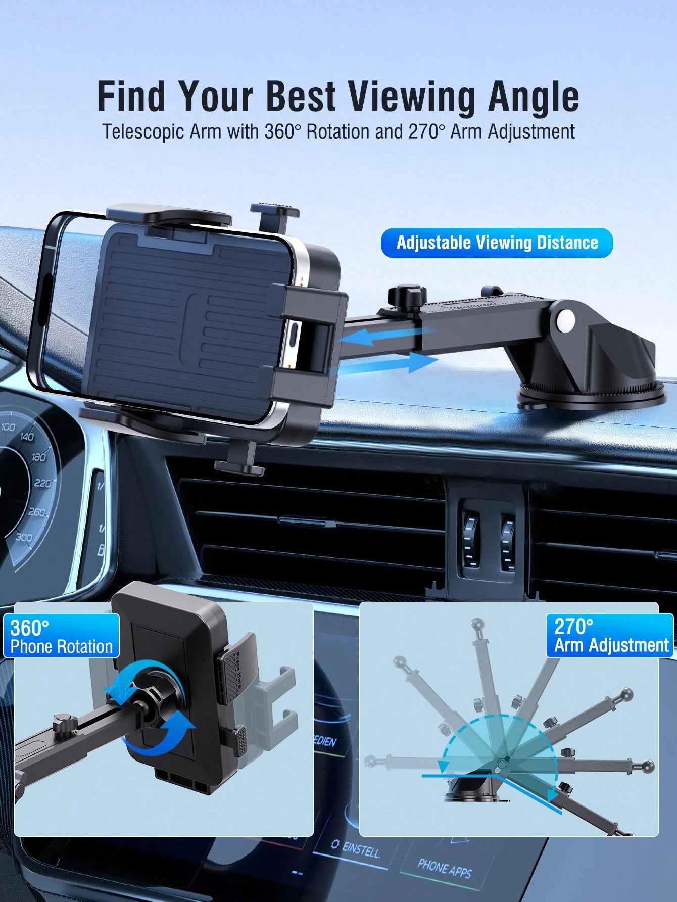 REMAX Strong Suction Car Phone Mount With Washable 3-Layer Gel Suction Cup, Anti-Shake Dashboard & Windshield Mount, Extendable Arm, One-Hand Release, 360° Rotation, Fits 4.0–7.2 Inch Phones & Thick C