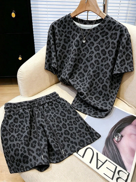 Resyla Ins Super Popular American Retro Leopard Print Loose Casual 2-Piece Set, Korean Style Slouchy Grey Leopard Print Home & Outdoor 2-Piece Outfit, Sweet Cool Hot Girl Style Polka Dot Leopard Print