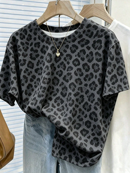 Resyla Ins Super Popular American Retro Leopard Print Loose Casual 2-Piece Set, Korean Style Slouchy Grey Leopard Print Home & Outdoor 2-Piece Outfit, Sweet Cool Hot Girl Style Polka Dot Leopard Print