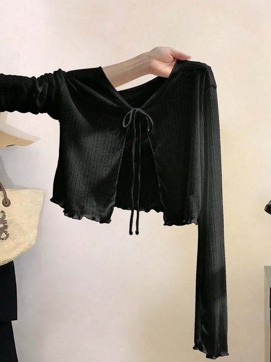 Resyla Plus Size French Style Camisole Dress Cover Up, Long Sleeve Ruffled T-Shirt Cover Up, Knitted Lightweight Shawl For Summer, Sun Protection Top Fall