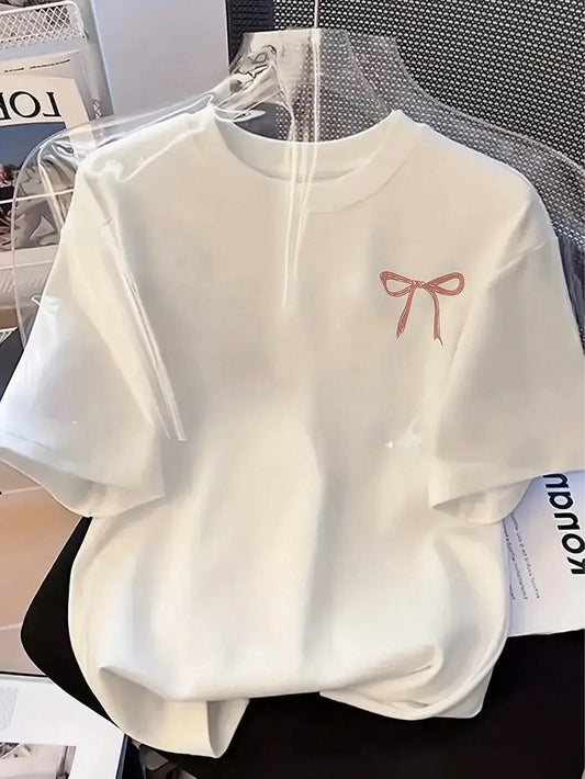 Resyla Women's Casual Oversized Bow Print T-Shirt With Bow Detail, Summer