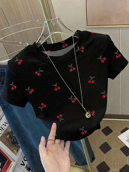 Resyla Women's Fashionable Versatile Fruit Digital Print Slim Fit Short Sleeve T-Shirt, Full Print Cherry Blossom T-Shirt, Cherry T-Shirt, Fruit T-Shirt