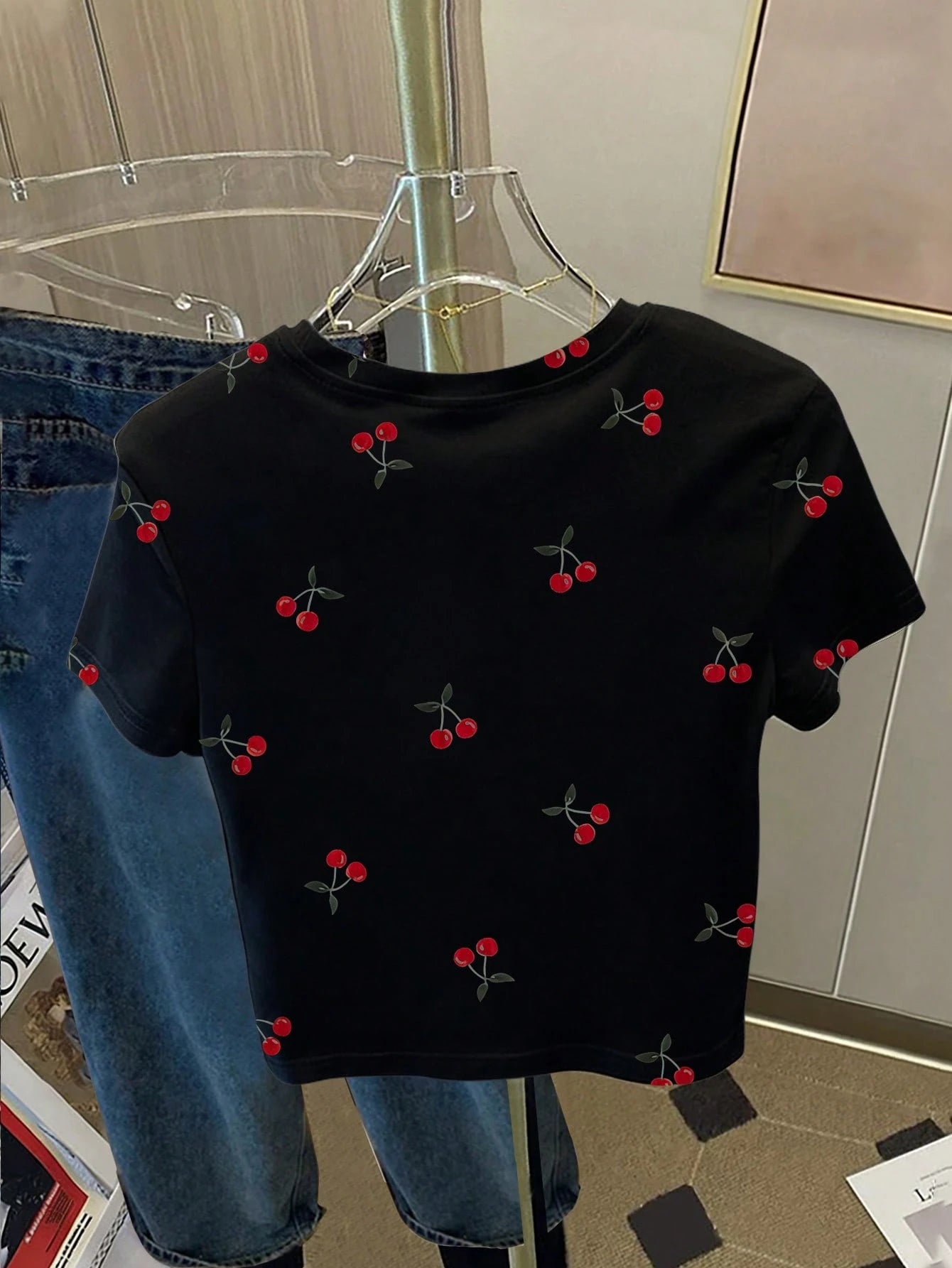 Resyla Women's Fashionable Versatile Fruit Digital Print Slim Fit Short Sleeve T-Shirt, Full Print Cherry Blossom T-Shirt, Cherry T-Shirt, Fruit T-Shirt