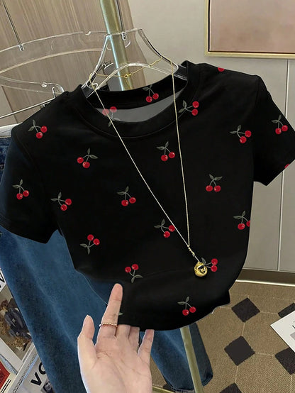 Resyla Women's Fashionable Versatile Fruit Digital Print Slim Fit Short Sleeve T-Shirt, Full Print Cherry Blossom T-Shirt, Cherry T-Shirt, Fruit T-Shirt