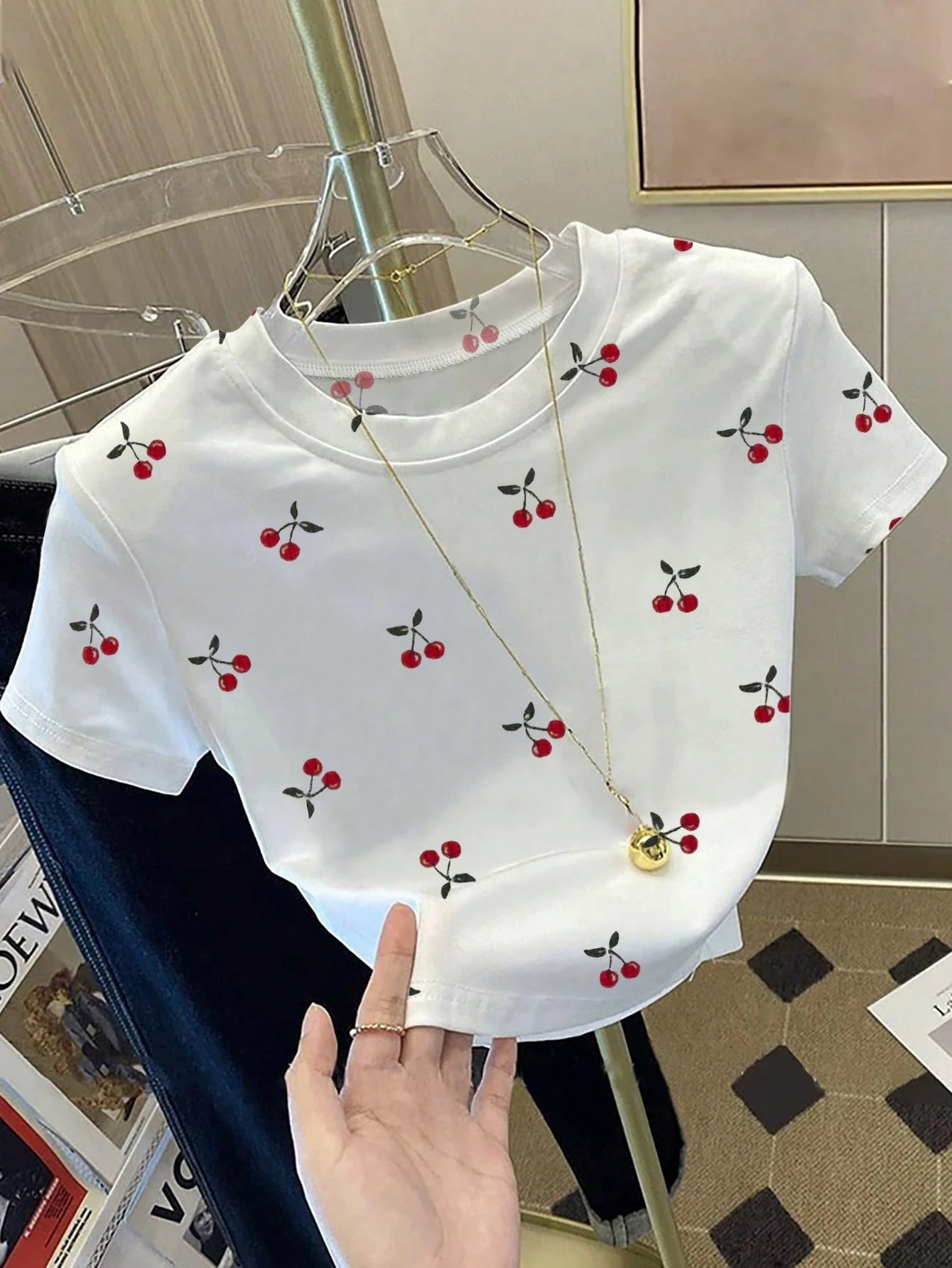 Resyla Women's Fashionable Versatile Fruit Digital Print Slim Fit Short Sleeve T-Shirt, Full Print Cherry Blossom T-Shirt, Cherry T-Shirt, Fruit T-Shirt