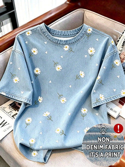 Resyla Women's Round Neck Short Sleeve T-Shirt, New Summer Outdoor Casual Sports, Retro Daisy Floral Print Design, Fashion Versatile