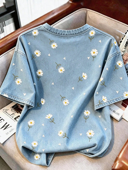 Resyla Women's Round Neck Short Sleeve T-Shirt, New Summer Outdoor Casual Sports, Retro Daisy Floral Print Design, Fashion Versatile