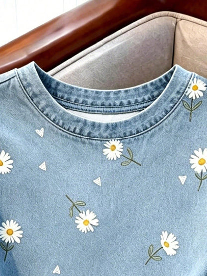 Resyla Women's Round Neck Short Sleeve T-Shirt, New Summer Outdoor Casual Sports, Retro Daisy Floral Print Design, Fashion Versatile