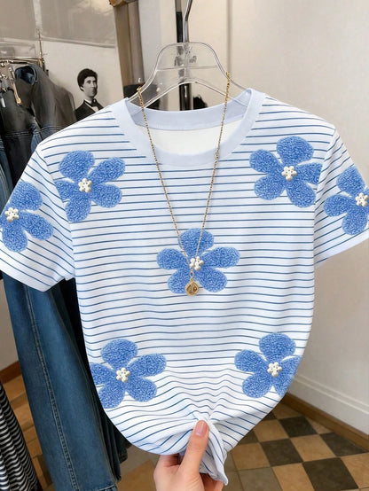 Resyla Women's Round Neck Short Sleeve T-Shirt, New Summer Outdoor Casual Sports, Retro Daisy Floral Print Design, Fashion Versatile