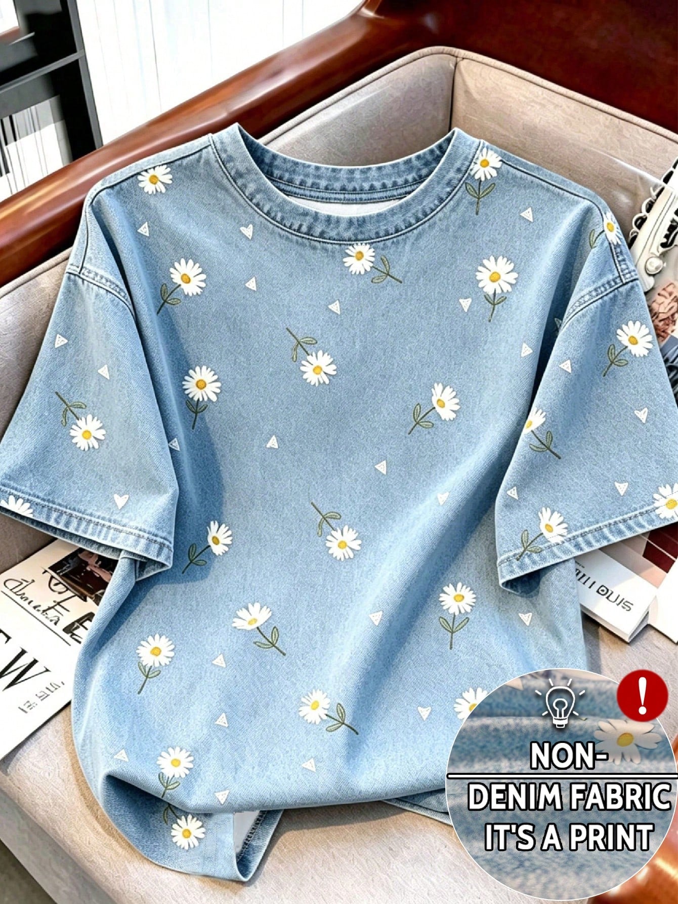 Resyla Women's Round Neck Short Sleeve T-Shirt, New Summer Outdoor Casual Sports, Retro Daisy Floral Print Design, Fashion Versatile