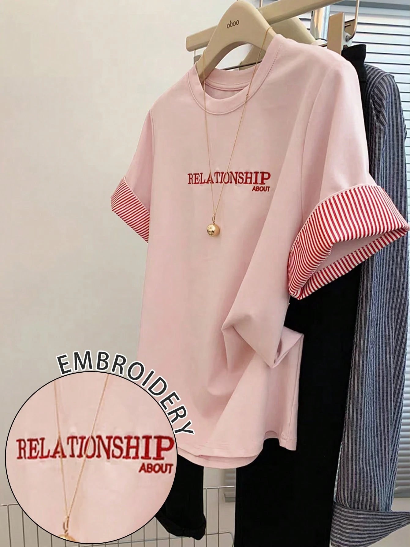 Resyla Women's T-Shirt/ Women's Pink Color Block T-Shirt/ Embroidery Style/ Casual Daily/ Summer