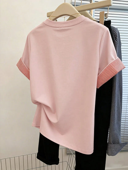 Resyla Women's T-Shirt/ Women's Pink Color Block T-Shirt/ Embroidery Style/ Casual Daily/ Summer