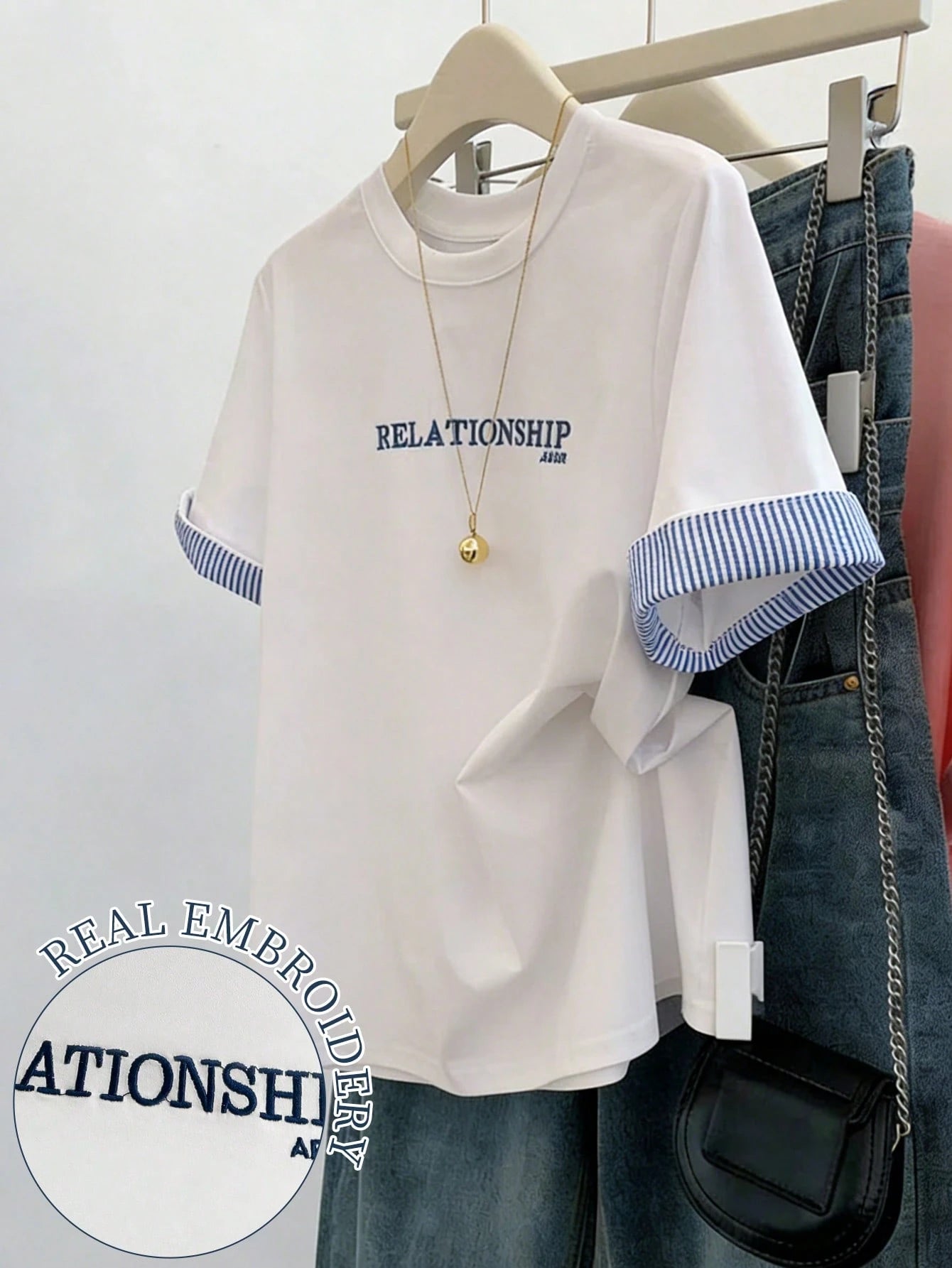 Resyla Women's T-Shirt/ Women's Pink Color Block T-Shirt/ Embroidery Style/ Casual Daily/ Summer
