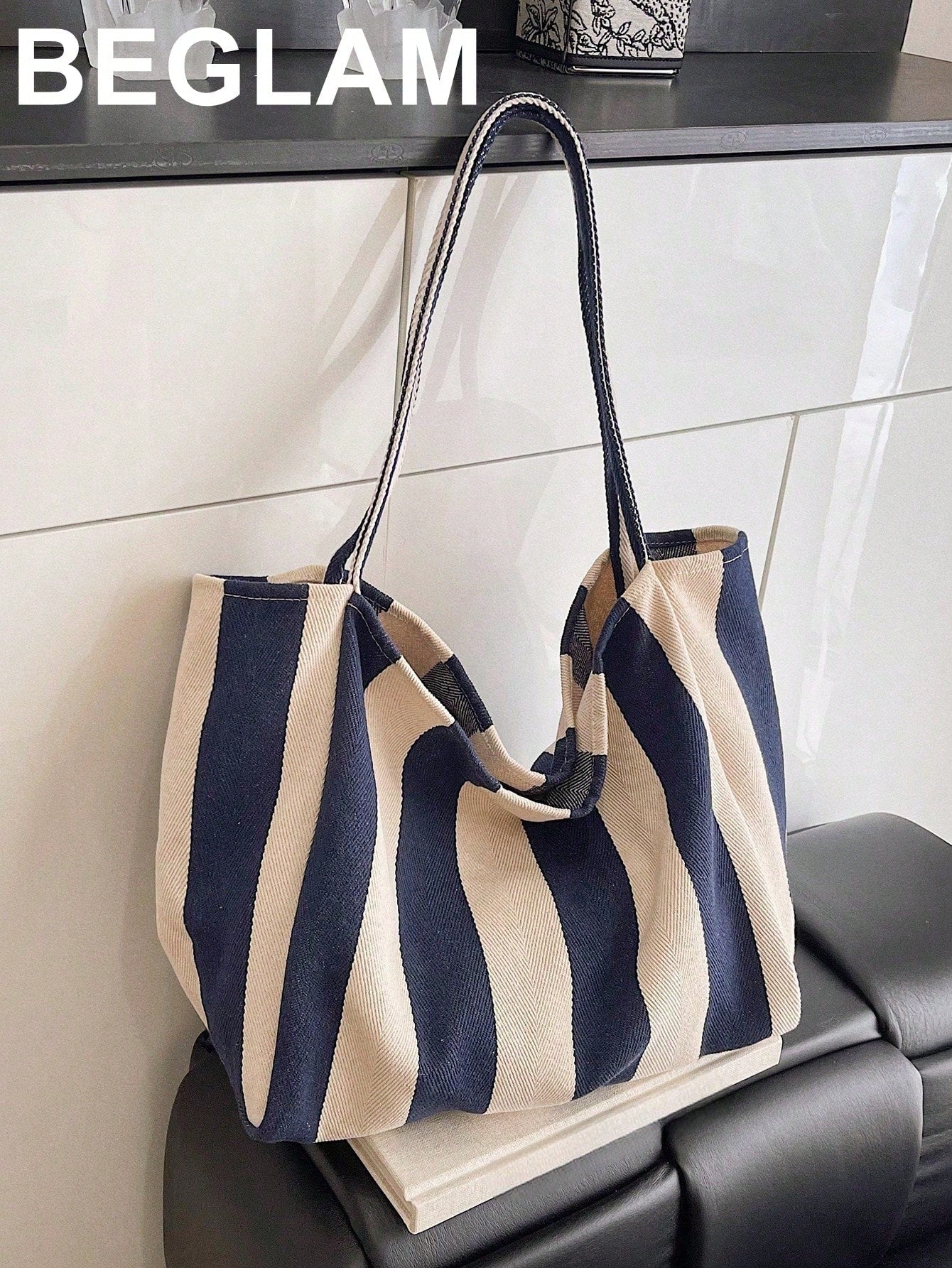 Retro Chic Striped Canvas Tote Bag, Korean Fashion, Casual Spacious Shoulder Bag For Women, Large Capacity, Lightweight, Portable, Aesthetic