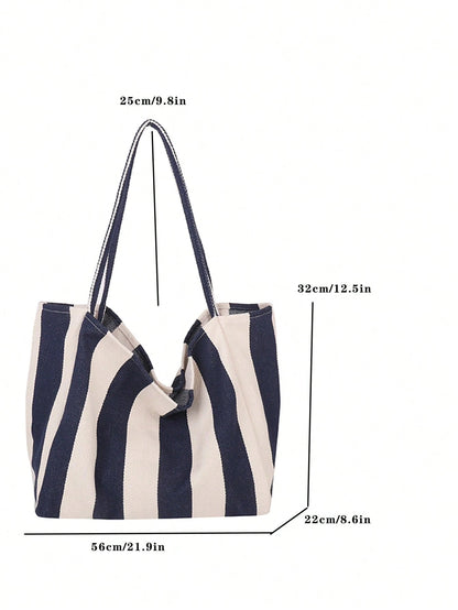 Retro Chic Striped Canvas Tote Bag, Korean Fashion, Casual Spacious Shoulder Bag For Women, Large Capacity, Lightweight, Portable, Aesthetic
