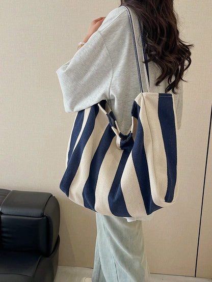 Retro Chic Striped Canvas Tote Bag, Korean Fashion, Casual Spacious Shoulder Bag For Women, Large Capacity, Lightweight, Portable, Aesthetic