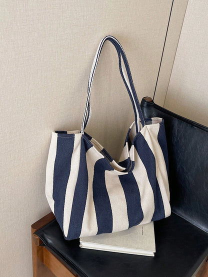 Retro Chic Striped Canvas Tote Bag, Korean Fashion, Casual Spacious Shoulder Bag For Women, Large Capacity, Lightweight, Portable, Aesthetic