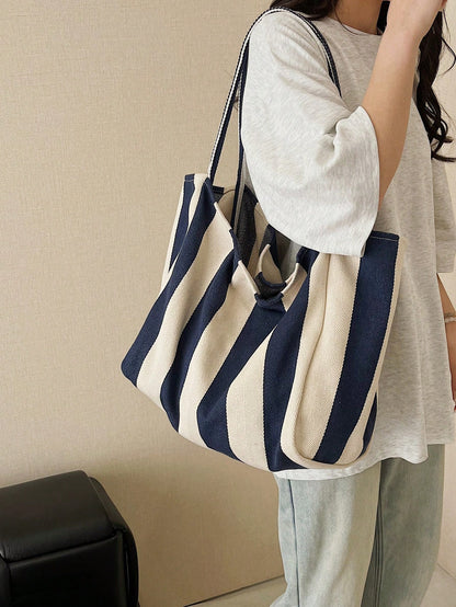 Retro Chic Striped Canvas Tote Bag, Korean Fashion, Casual Spacious Shoulder Bag For Women, Large Capacity, Lightweight, Portable, Aesthetic