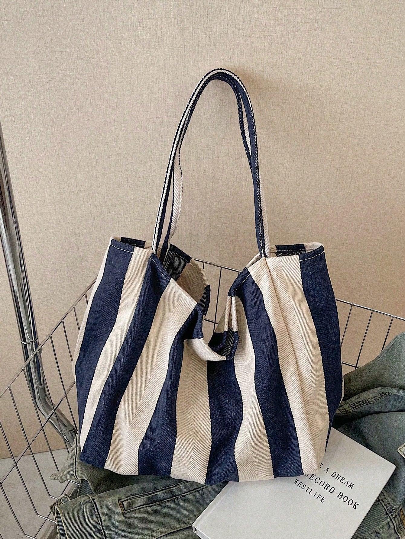 Retro Chic Striped Canvas Tote Bag, Korean Fashion, Casual Spacious Shoulder Bag For Women, Large Capacity, Lightweight, Portable, Aesthetic