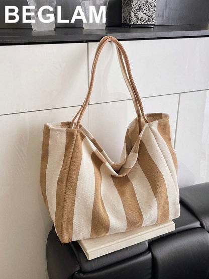 Retro Chic Striped Canvas Tote Bag, Korean Fashion, Casual Spacious Shoulder Bag For Women, Large Capacity, Lightweight, Portable, Aesthetic