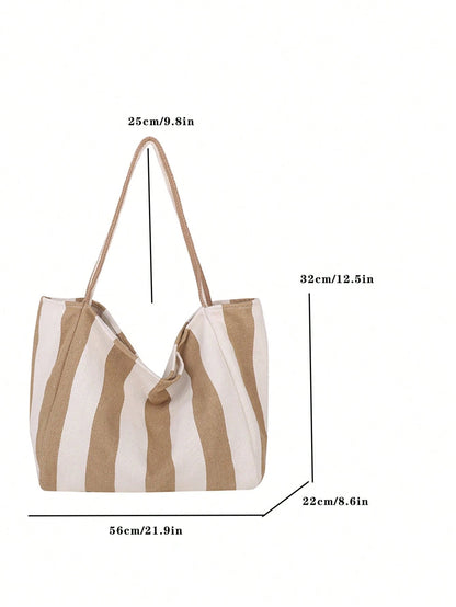 Retro Chic Striped Canvas Tote Bag, Korean Fashion, Casual Spacious Shoulder Bag For Women, Large Capacity, Lightweight, Portable, Aesthetic