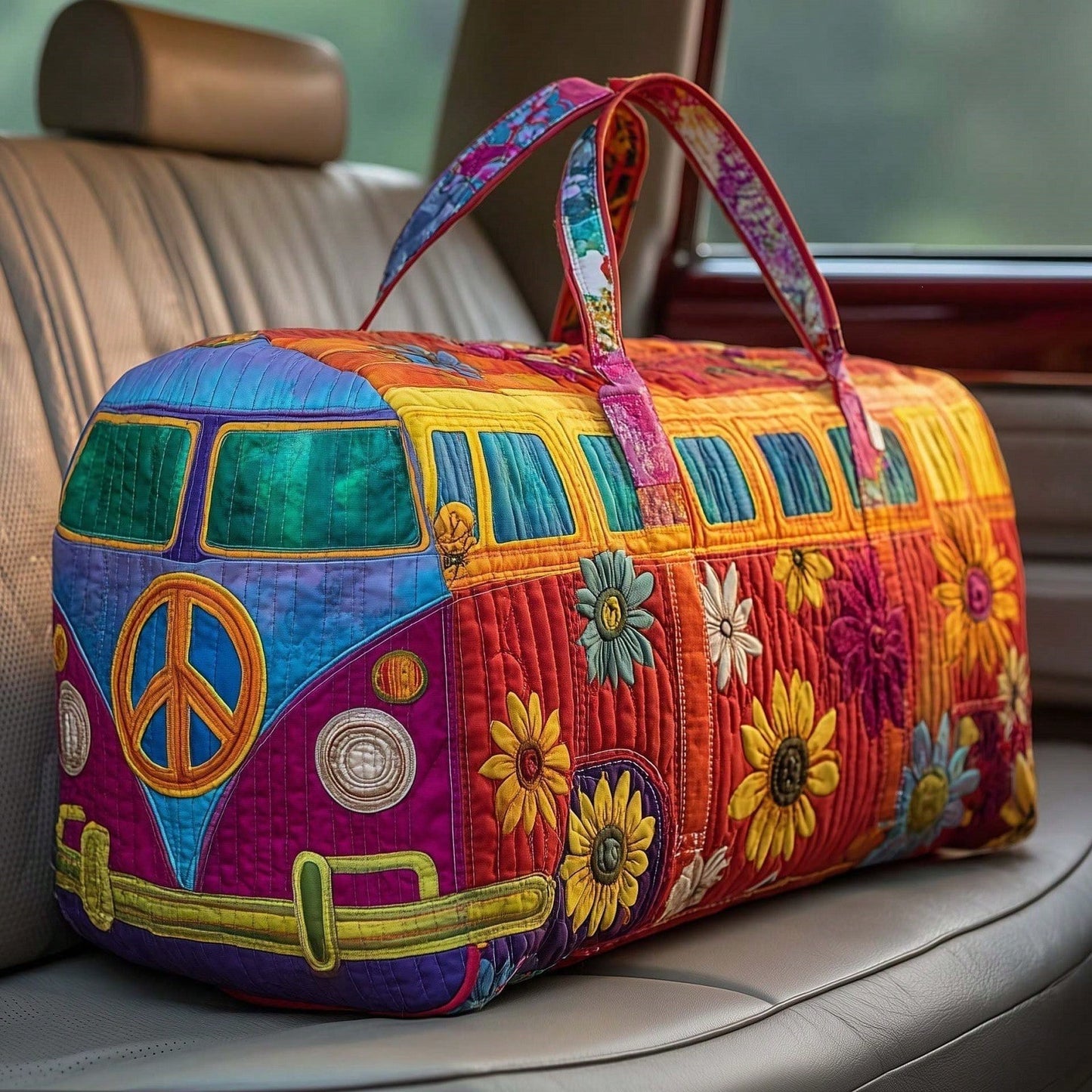 Retro Hippie Van Print Travel Duffel Bag, Peace Sign & Floral Weekender Tote, Casual Boho Vacation Carryall For Women, Road Trip
