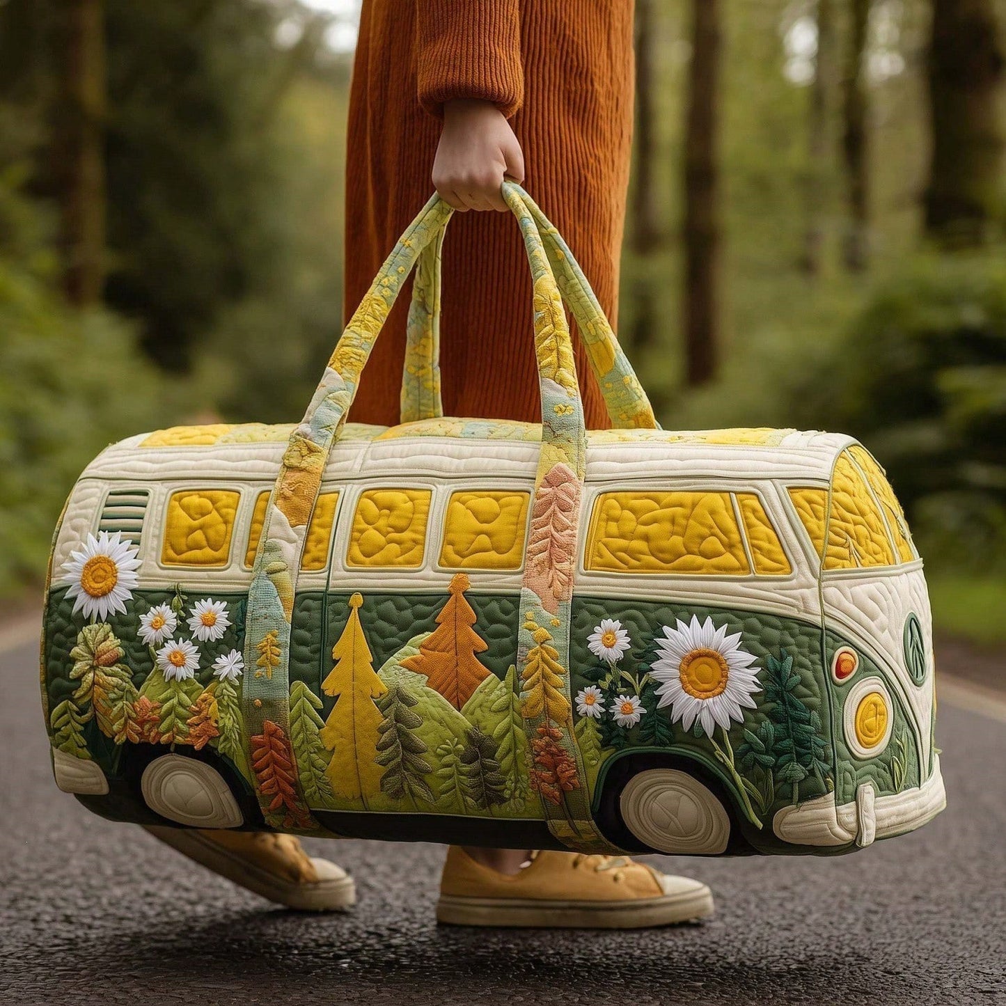 Retro Hippie Van Print Travel Duffel Bag, Peace Sign & Floral Weekender Tote, Casual Boho Vacation Carryall For Women, Road Trip