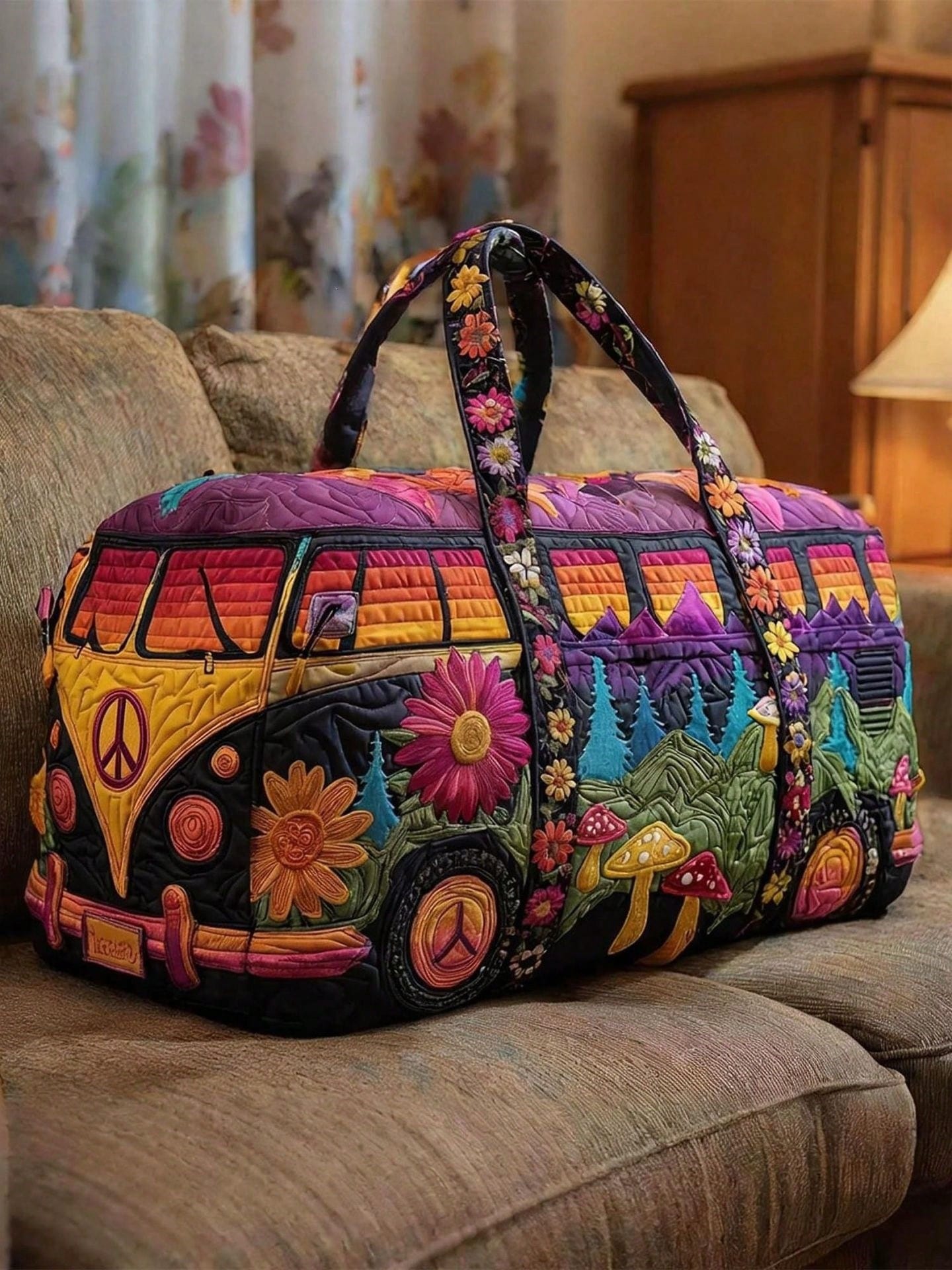 Retro Hippie Van Print Travel Duffel Bag, Peace Sign & Floral Weekender Tote, Casual Boho Vacation Carryall For Women, Road Trip