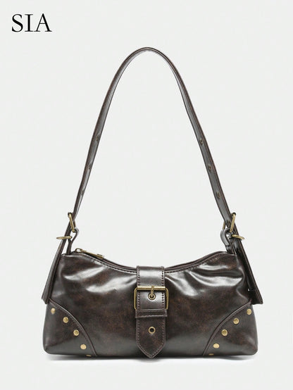 Retro Maillard Soft, Aged, Brushed, Artificial Leather Motorcycle Packaging Decoration Shoulder Underarm Bag, French Stick Bag, Square Bag