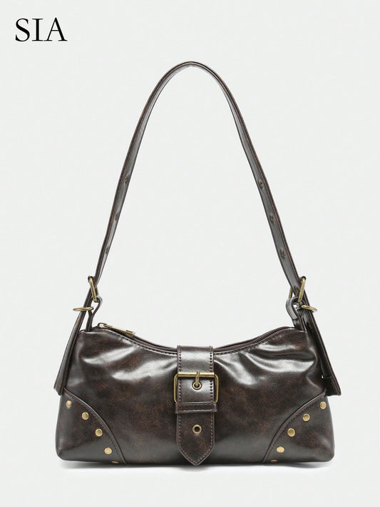 Retro Maillard Soft, Aged, Brushed, Artificial Leather Motorcycle Packaging Decoration Shoulder Underarm Bag, French Stick Bag, Square Bag