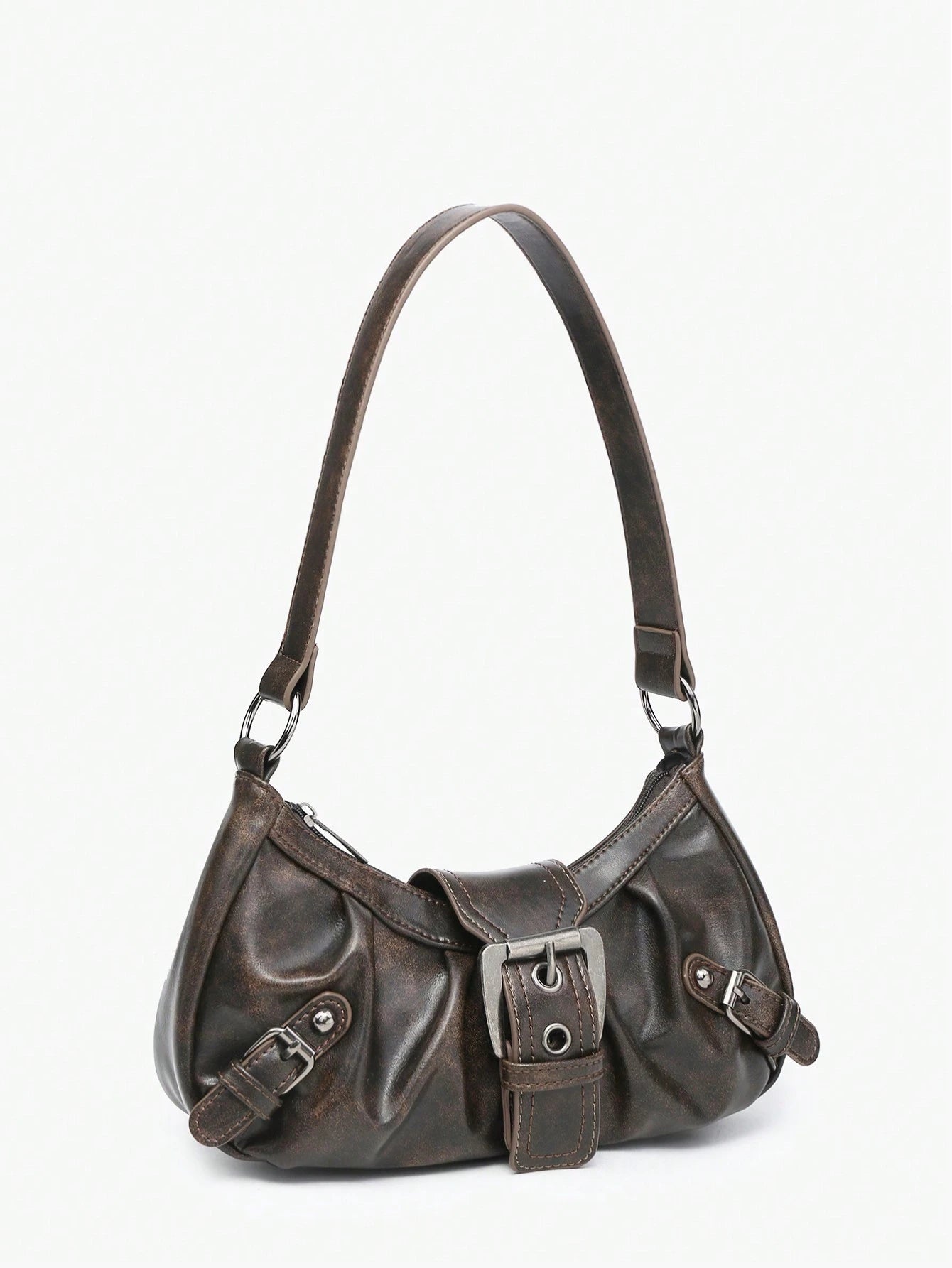 Retro Maillard Soft, Aged, Brushed, Artificial Leather Motorcycle Packaging Decoration Shoulder Underarm Bag, French Stick Bag, Square Bag, Vintage Look