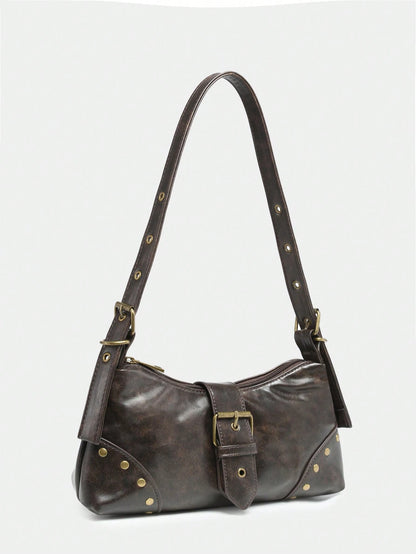 Retro Maillard Soft, Aged, Brushed, Artificial Leather Motorcycle Packaging Decoration Shoulder Underarm Bag, French Stick Bag, Square Bag