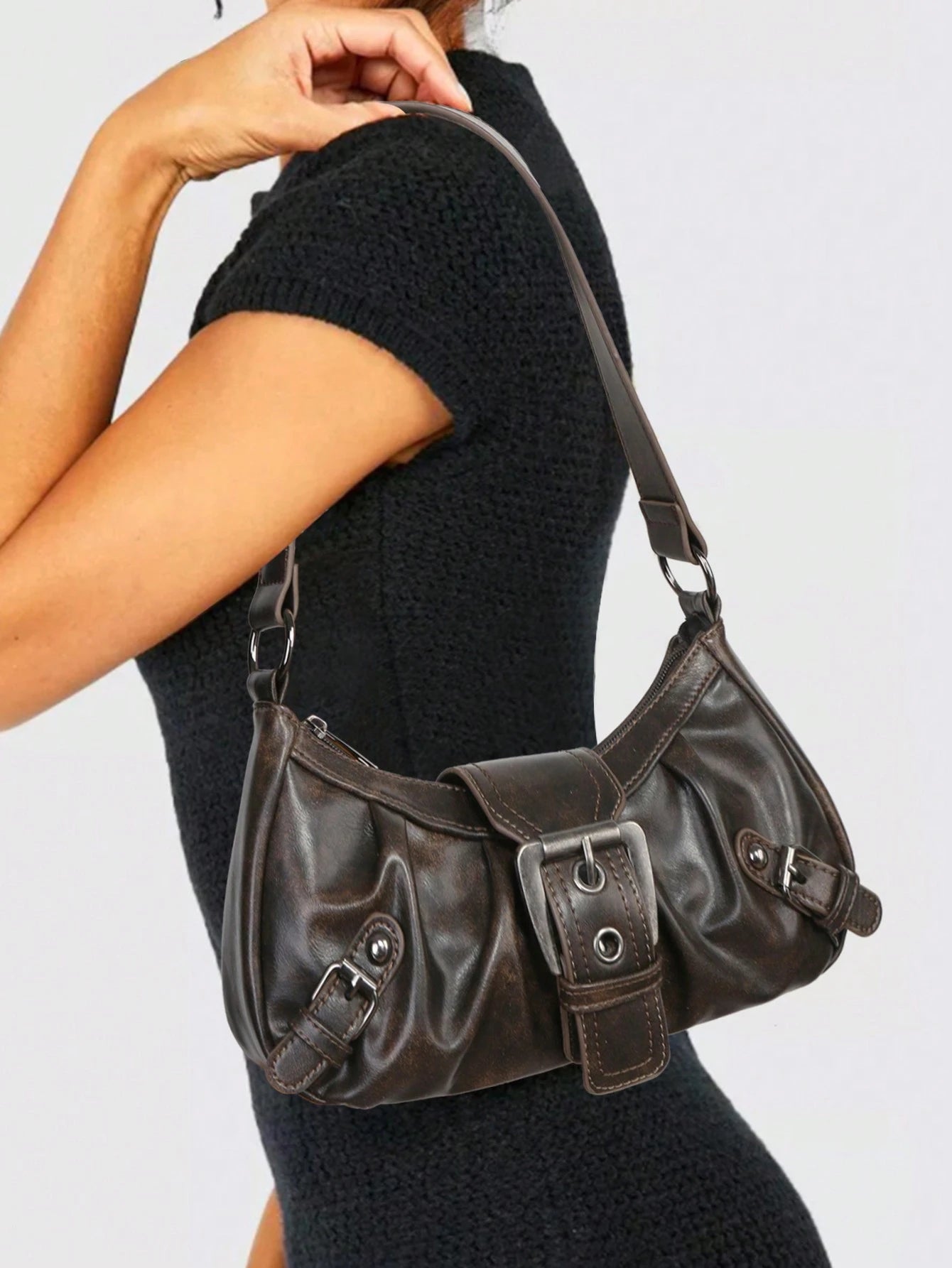 Retro Maillard Soft, Aged, Brushed, Artificial Leather Motorcycle Packaging Decoration Shoulder Underarm Bag, French Stick Bag, Square Bag, Vintage Look