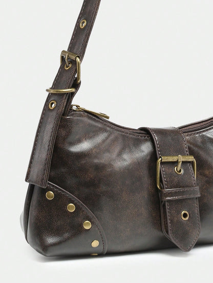 Retro Maillard Soft, Aged, Brushed, Artificial Leather Motorcycle Packaging Decoration Shoulder Underarm Bag, French Stick Bag, Square Bag