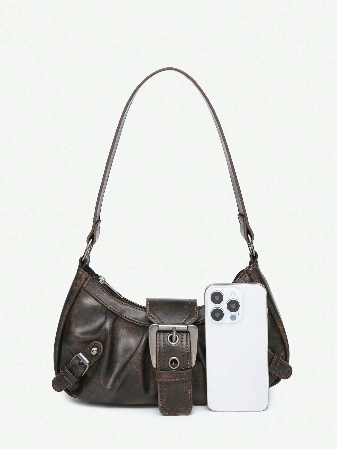 Retro Maillard Soft, Aged, Brushed, Artificial Leather Motorcycle Packaging Decoration Shoulder Underarm Bag, French Stick Bag, Square Bag, Vintage Look
