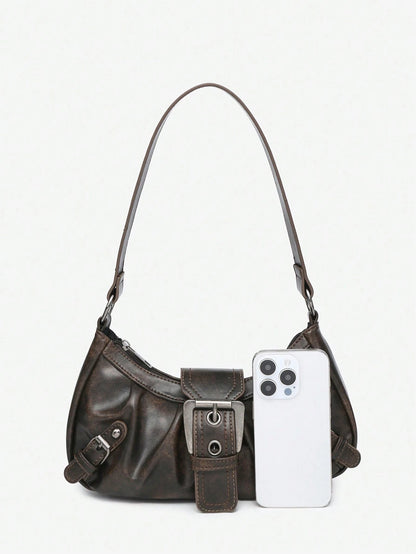 Retro Maillard Soft, Aged, Brushed, Artificial Leather Motorcycle Packaging Decoration Shoulder Underarm Bag, French Stick Bag, Square Bag, Vintage Look