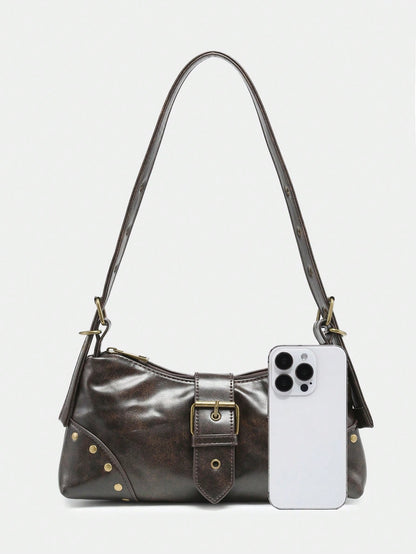 Retro Maillard Soft, Aged, Brushed, Artificial Leather Motorcycle Packaging Decoration Shoulder Underarm Bag, French Stick Bag, Square Bag