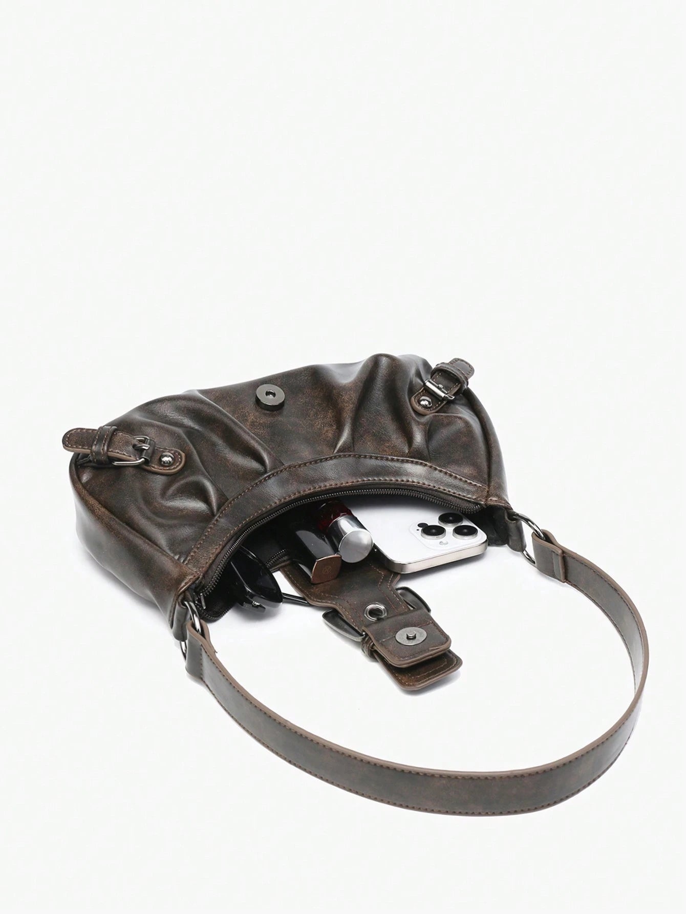 Retro Maillard Soft, Aged, Brushed, Artificial Leather Motorcycle Packaging Decoration Shoulder Underarm Bag, French Stick Bag, Square Bag, Vintage Look
