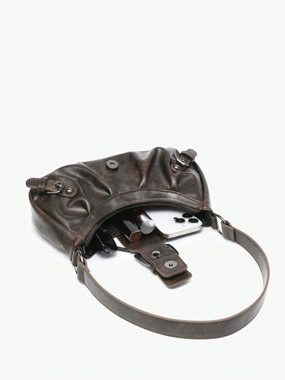 Retro Maillard Soft, Aged, Brushed, Artificial Leather Motorcycle Packaging Decoration Shoulder Underarm Bag, French Stick Bag, Square Bag, Vintage Look