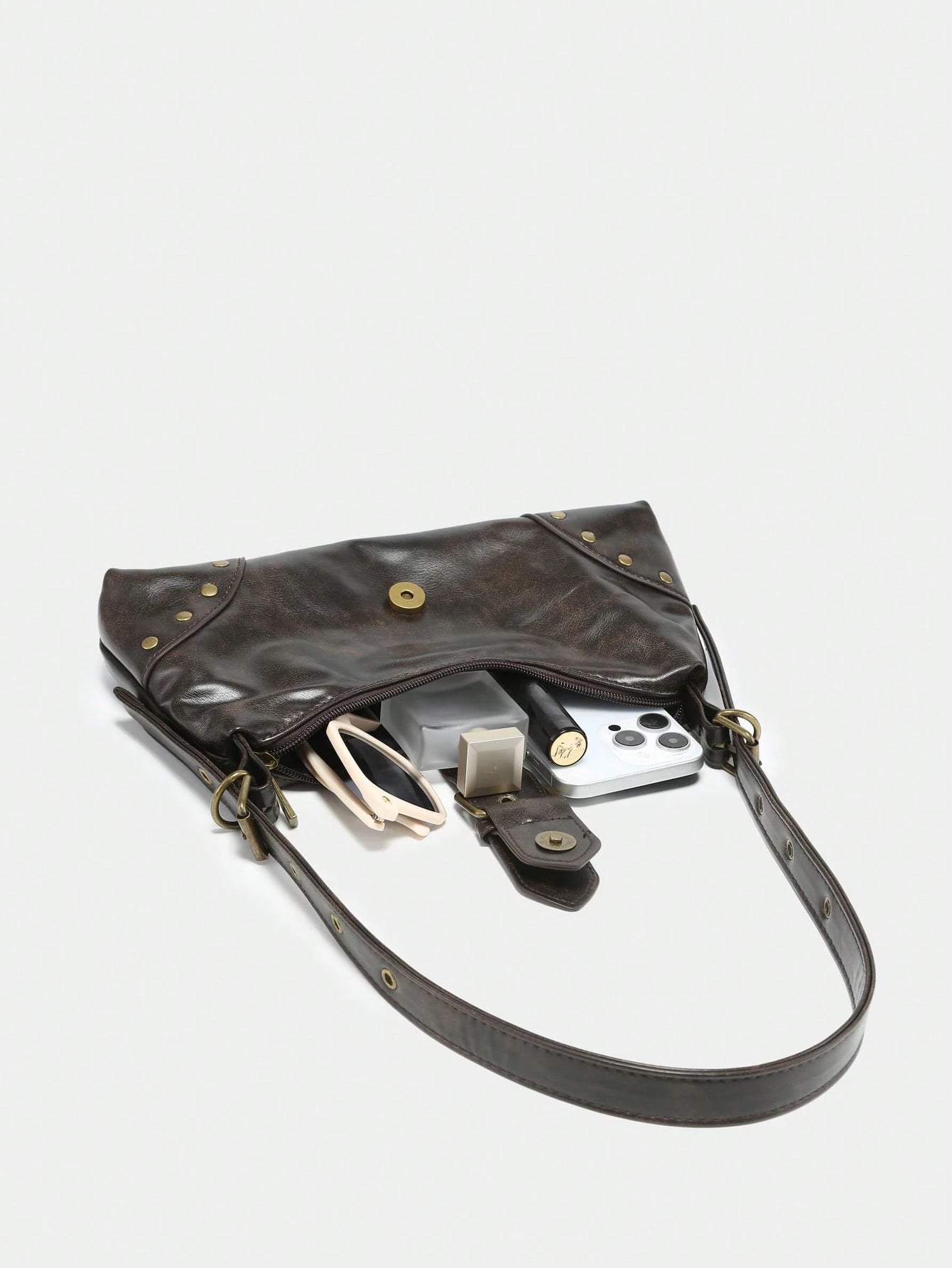 Retro Maillard Soft, Aged, Brushed, Artificial Leather Motorcycle Packaging Decoration Shoulder Underarm Bag, French Stick Bag, Square Bag