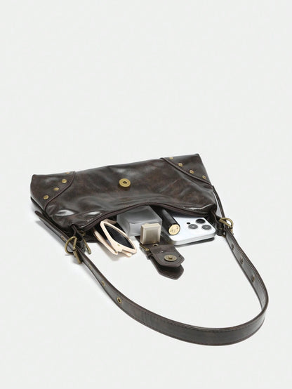 Retro Maillard Soft, Aged, Brushed, Artificial Leather Motorcycle Packaging Decoration Shoulder Underarm Bag, French Stick Bag, Square Bag
